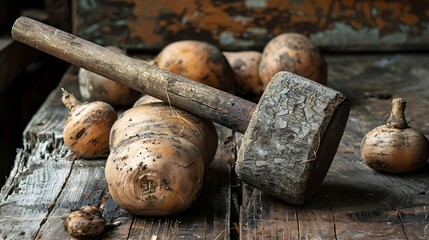 Rutabagas with a mallet resting on a worn wooden plank