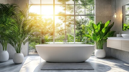 A serene bathroom featuring a freestanding tub and lush greenery, illuminated by natural light.