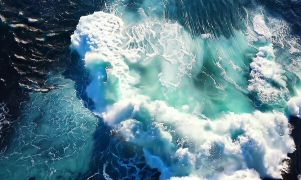 Spectacular aerial top view background of ocean sea water white wave splashing in the deep sea. Drone backdrop of sea wave in bird eye Video