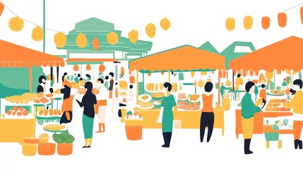 A vibrant market scene with people shopping and various food stalls.