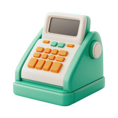 Retro 3D cash register illustration with orange and teal colors. This image represents retail transactions and financial operations in a vintage style. Isolated on transparent background, png.