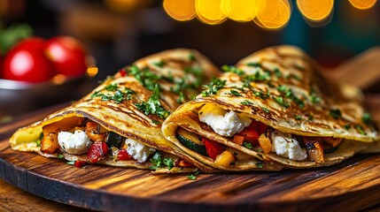 Savory crepes with goat cheese and roasted vegetables, displayed on a wooden cutting board with a neon-lit backdrop