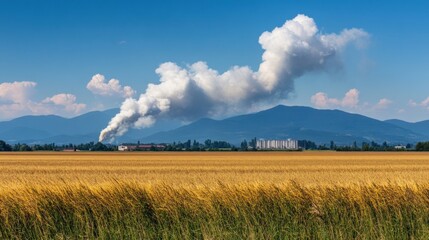 Fototapeta premium A scenic landscape featuring golden fields, mountains, and smoke rising from an industrial area.