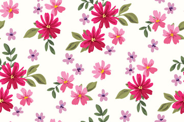 Seamless floral pattern, liberty ditsy print, romantic ornament of mini plants. Cute botanical design: small hand drawn flowers, tiny leaves, simple red bouquets abstract on white. Vector illustration