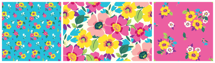 Seamless floral pattern, colorful ditsy print, abstract flower ornament of hand drawn flowers. Bright botanical surface design: large and small flowers, leaves, simple bouquets. Vector illustration.