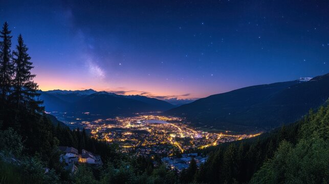 Panoramic view of a city at twilight, illuminated by lights under a starry sky.