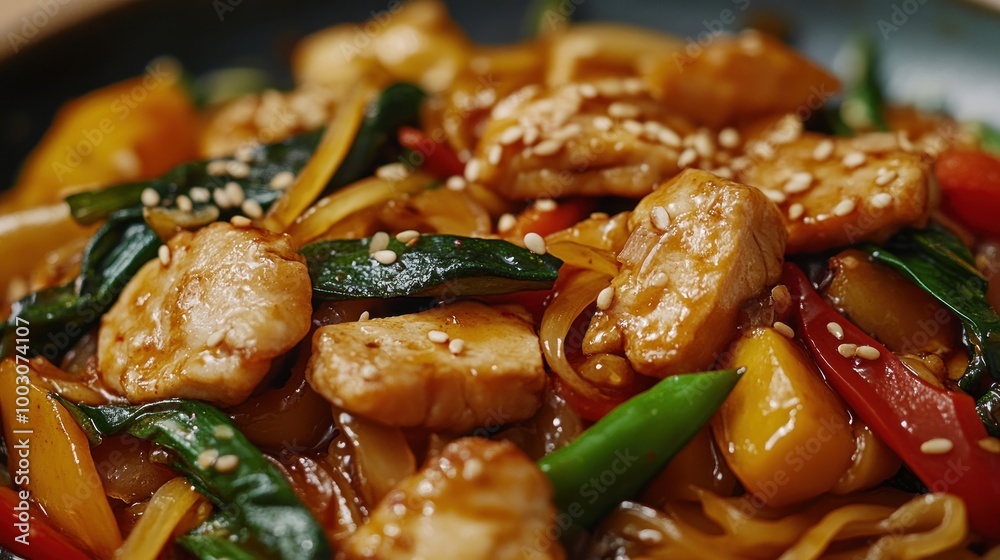 Poster A close-up of a colorful stir-fry dish featuring chicken, vegetables, and sesame seeds.