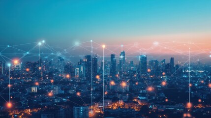 A cityscape with connected network lines and technology icons, representing the digital transformation of urban environments. The background is a clear blue sky, symbolizing hope for future