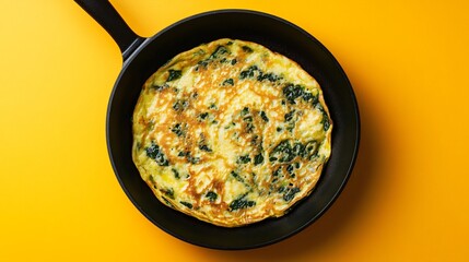 Spinach and cheese crepes in a black skillet, set against a bright yellow backdrop for contrast