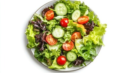 A fresh salad featuring mixed greens, cherry tomatoes, and cucumber slices on a white plate.