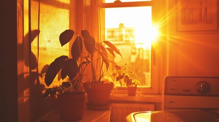 A sunlit window with potted plants, creating a warm and inviting atmosphere.
