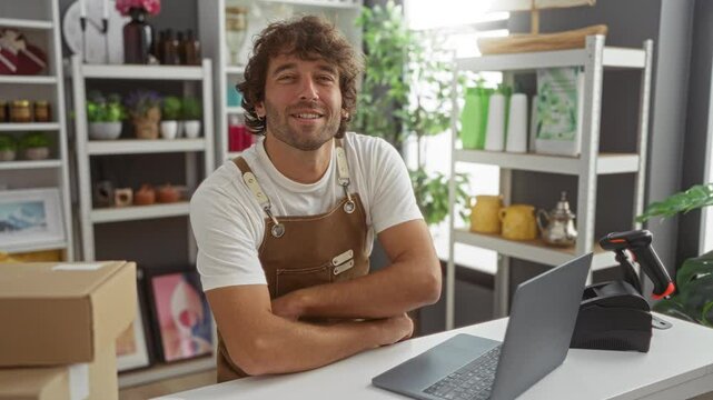 Young man with arms crossed working on a laptop in a home decor store, wearing a brown apron and smiling while surrounded by modern interior decoration items