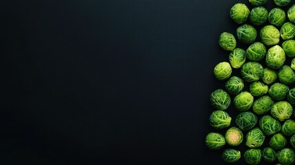 A collection of fresh Brussels sprouts arranged on a dark surface.