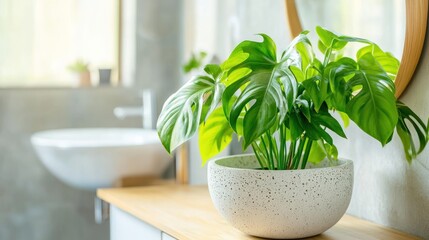 A serene bathroom scene featuring a potted plant on a wooden countertop.