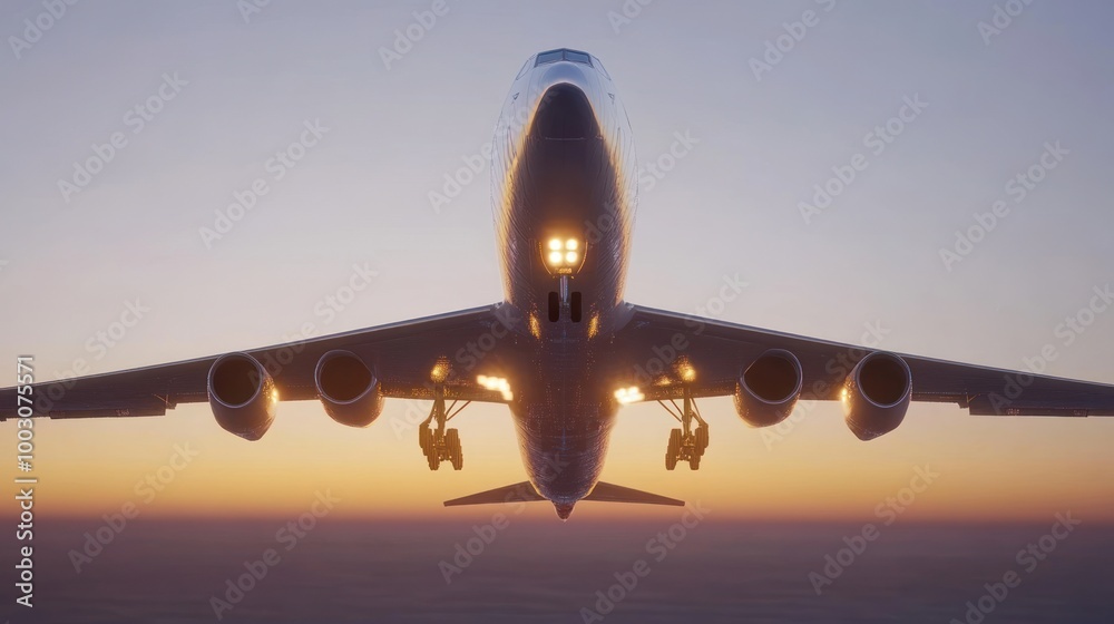 Canvas Prints A commercial airplane flying towards the sunset, showcasing its silhouette and landing gear.