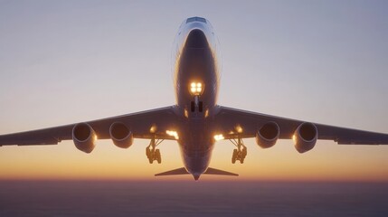 A commercial airplane flying towards the sunset, showcasing its silhouette and landing gear.