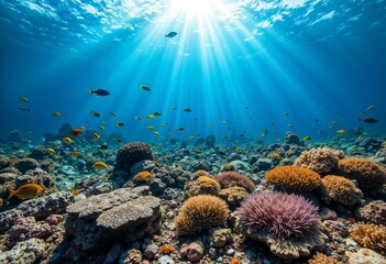 Obraz premium Vibrant coral reef underwater scene with colorful fish, sunlight rays, diverse sea life, marine ecosystem, ocean biodiversity, aquatic landscape concept
