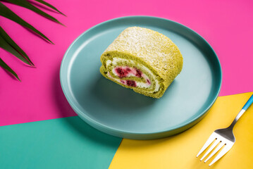 Matcha Swiss Roll Cake A light and fluffy matcha swiss roll with a creamy filling and fruit