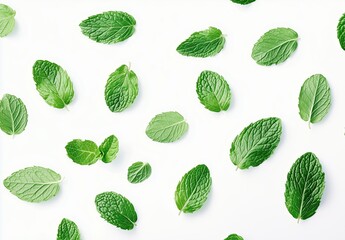 Fresh mint leaves gently drifting on a bright white background in serene harmony