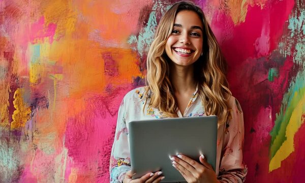 Collage sketch picture poster of happy cheerful woman hold netbook isolated on drawing background Video