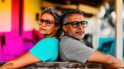 A mature couple poses sitting back to back on a rustic wooden bench, both looking distressed.