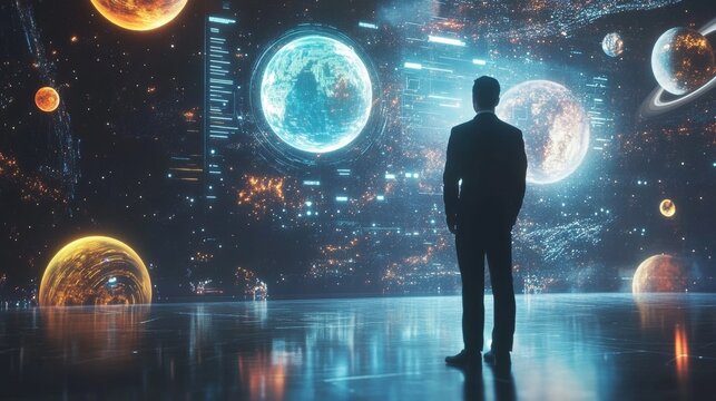 Businessman with virtual planets and hologram: future concept.