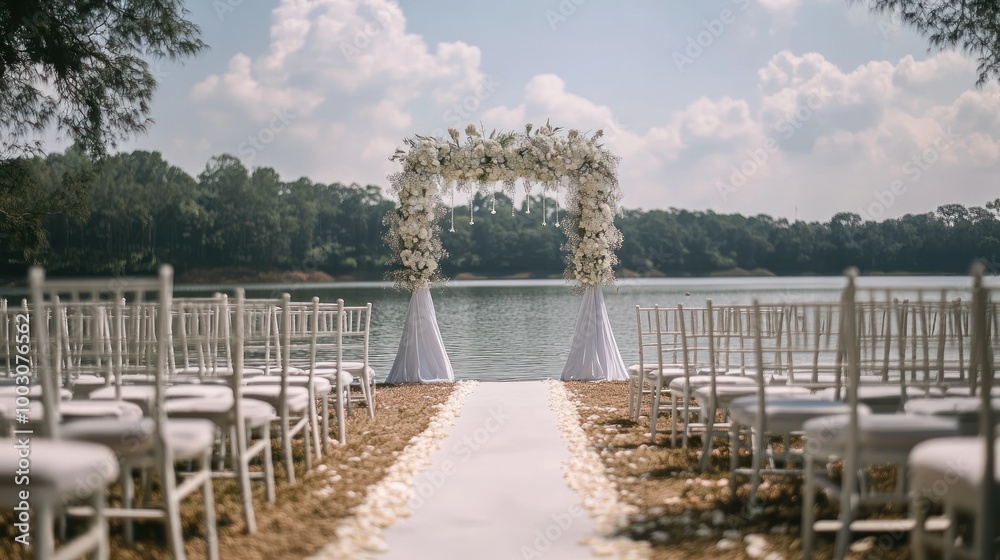 Sticker A serene outdoor wedding setup by a lake, featuring chairs and floral arch.