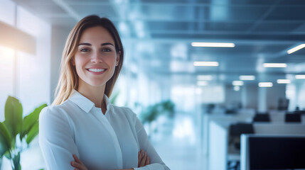 Fototapeta premium Young professional woman smiling confidently in modern office space during daylight hours