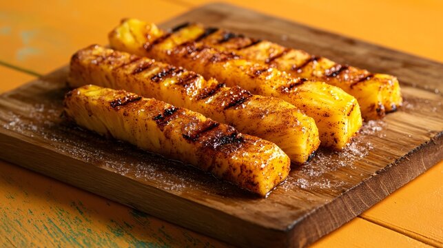 Grilled pineapple with cinnamon and sugar, on a rustic wooden board with a bright, bold orange backdrop
