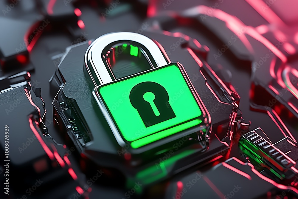 Poster minimalist ethical hacking icon, with a simple glowing green lock symbol representing cybersecurity 
