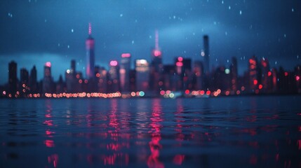 A blurred city skyline reflected in water at night with colorful lights and a moody atmosphere.