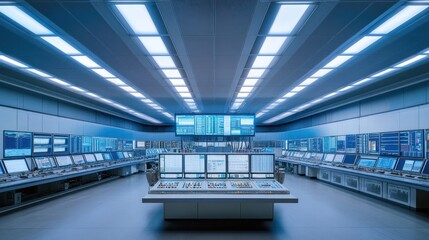 Naklejka premium A modern control room with multiple screens and control panels for monitoring systems.