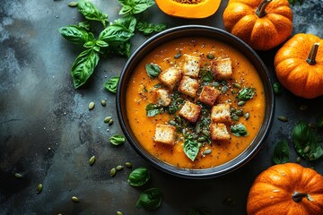 Pumpkin soup with cream, seeds, crackers and cinnamon. Autumn decor on table, orange squash in background. Healthy Halloween food