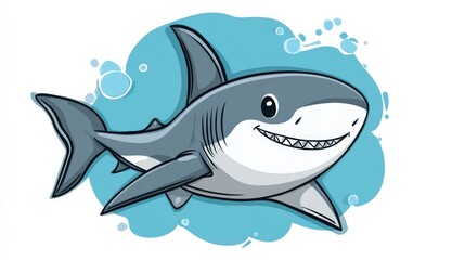 Obraz premium Cartoon great white shark with a friendly smile, swimming in blue water.