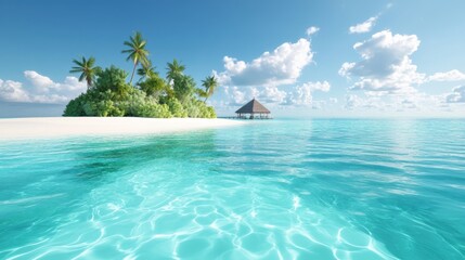 Fototapeta premium A tropical island with lush palm trees, turquoise waters, and a white sandy beach, with a traditional hut nestled in the foliage.