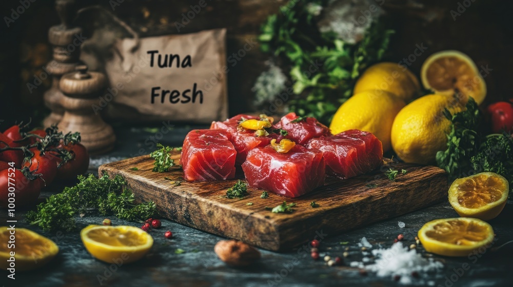 Wall mural Fresh tuna steaks on a wooden board with lemons and herbs, showcasing a culinary setting.