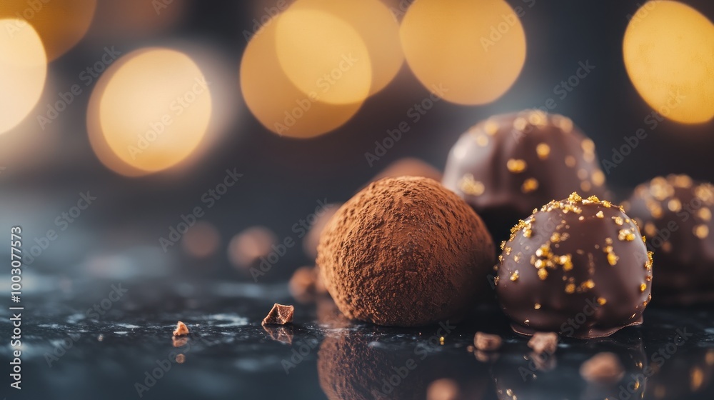 Poster A close-up of assorted chocolate truffles with a soft bokeh background, evoking indulgence.