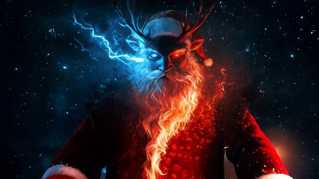 Santa Claus with a fiery beard, horns, and red eyes, with a dramatic background.. AI Generation