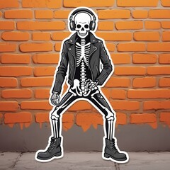 Obraz premium A cool skeleton in a leather jacket and headphones strikes a dance pose in front of a graffiti-covered brick wall, blending street style with a fun, edgy vibe