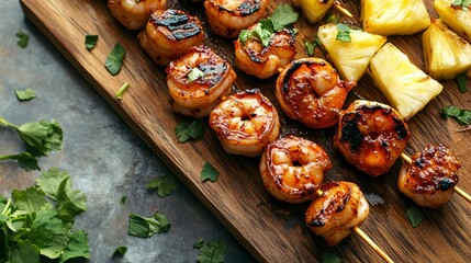 Pineapple and shrimp skewers with chili glaze, on a rustic wooden board with a sleek silver metallic background