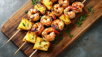 Pineapple and shrimp skewers with chili glaze, on a rustic wooden board with a sleek silver metallic background