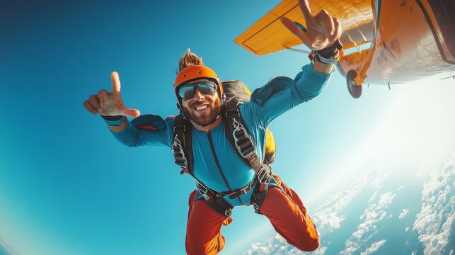 Young guy jumping out of a plane at high speed from the heights, extreme sport of skydiving