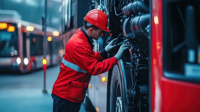 Mechanic in red overalls servicing bus engine