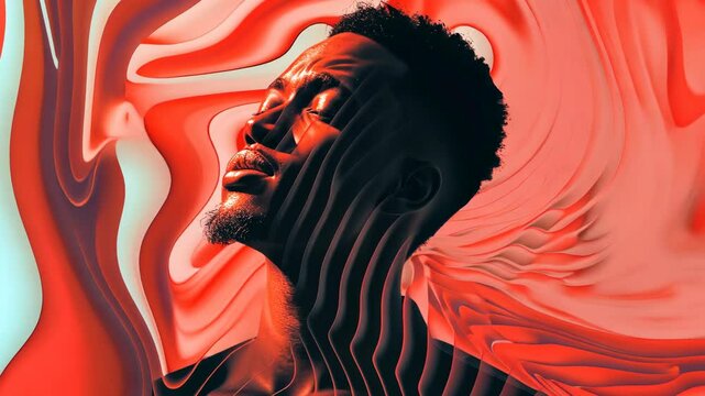 A man with a beard and closed eyes looks up against a swirling red and white background