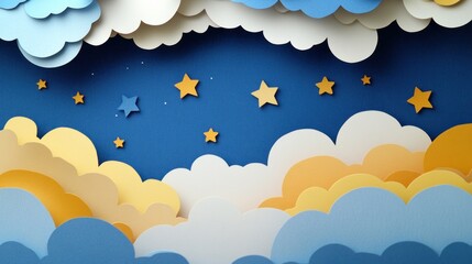 A whimsical paper-cut design featuring clouds and stars against a blue background.