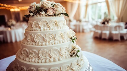 A beautifully decorated three-tier wedding cake adorned with roses in an elegant venue.