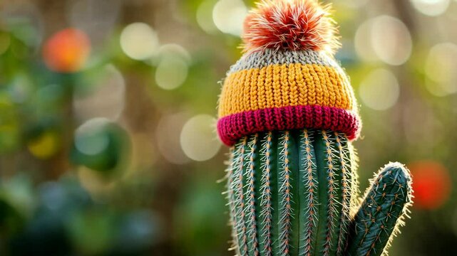 A cactus wears a colorful knit hat with a pom-pom on a sunny day