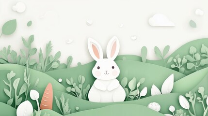 Obraz premium A cute paper-style rabbit surrounded by green hills and plants in a serene landscape.