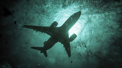 Fototapeta premium An airplane viewed from below, submerged in water, creating a surreal underwater scene.