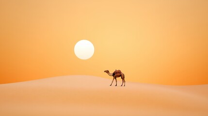 A lone camel silhouetted against a vast expanse of golden sand dunes under a scorching sun.